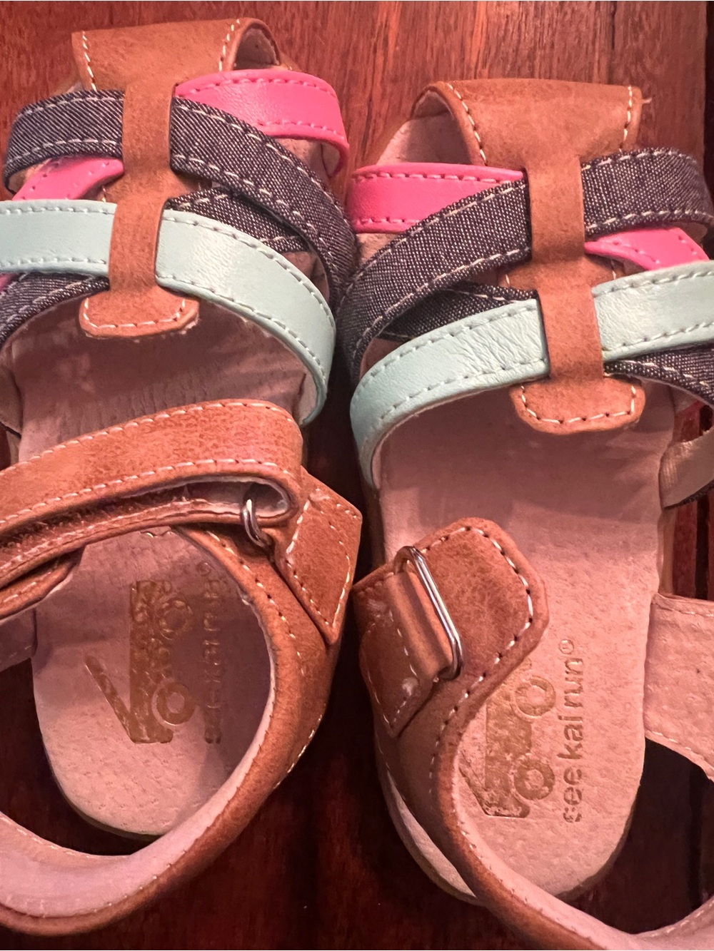 See Kai Run Brown Sandals with Pink and Mint Straps